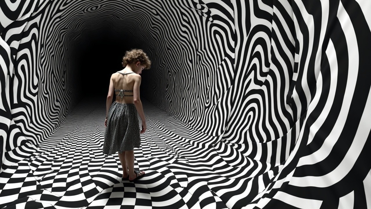 Surreal Tunnel with Black and White Patterns and Figure
