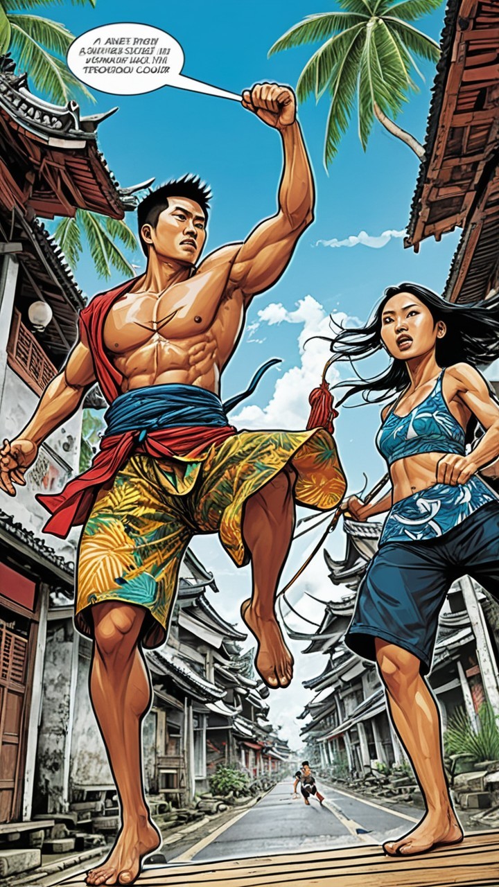 Tropical Scene with Agile Man and Determined Woman