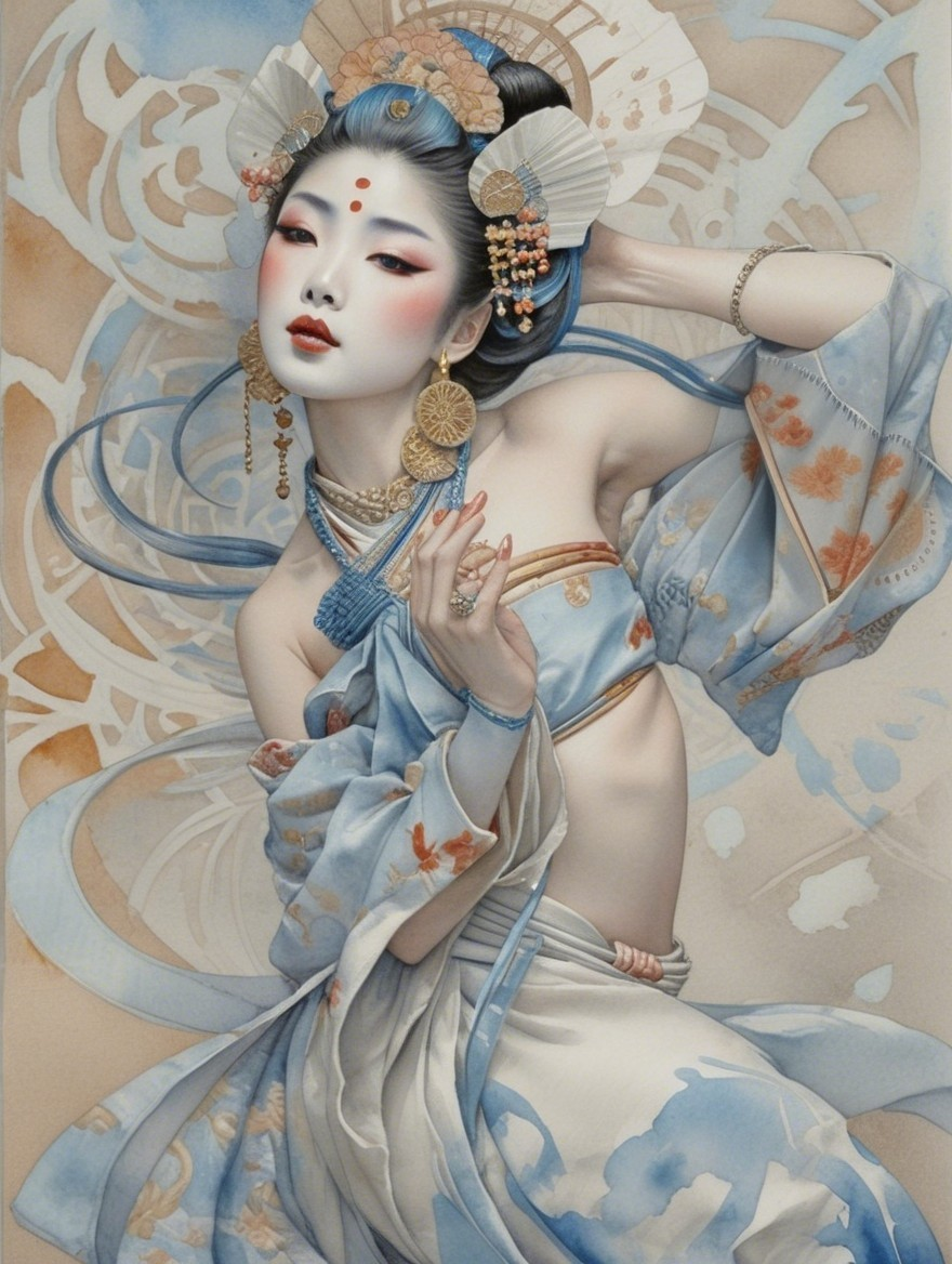 Elegant Figure in Flowing Blue Garments with Floral Patterns