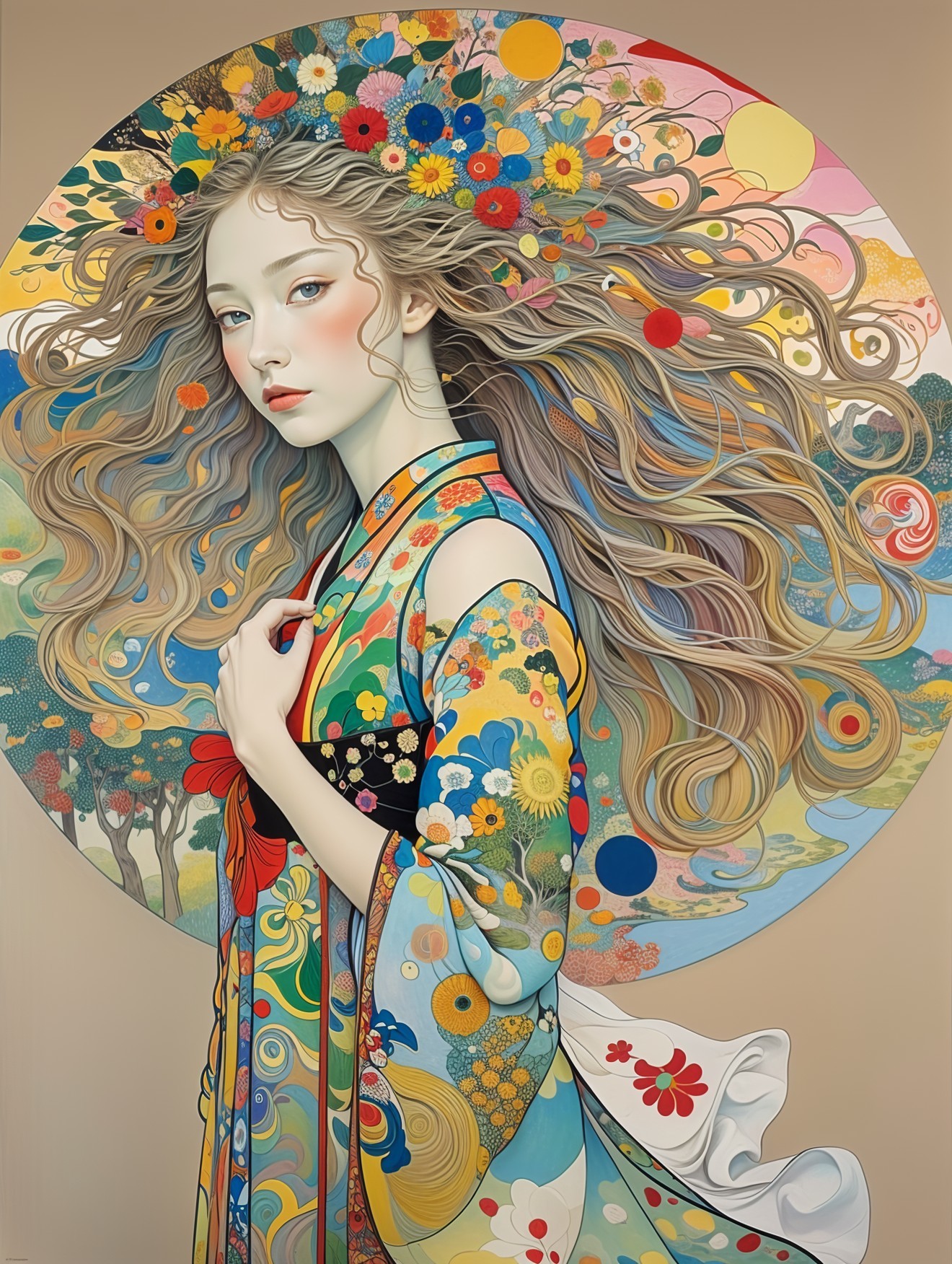 Young woman in vibrant kimono with floral backdrop