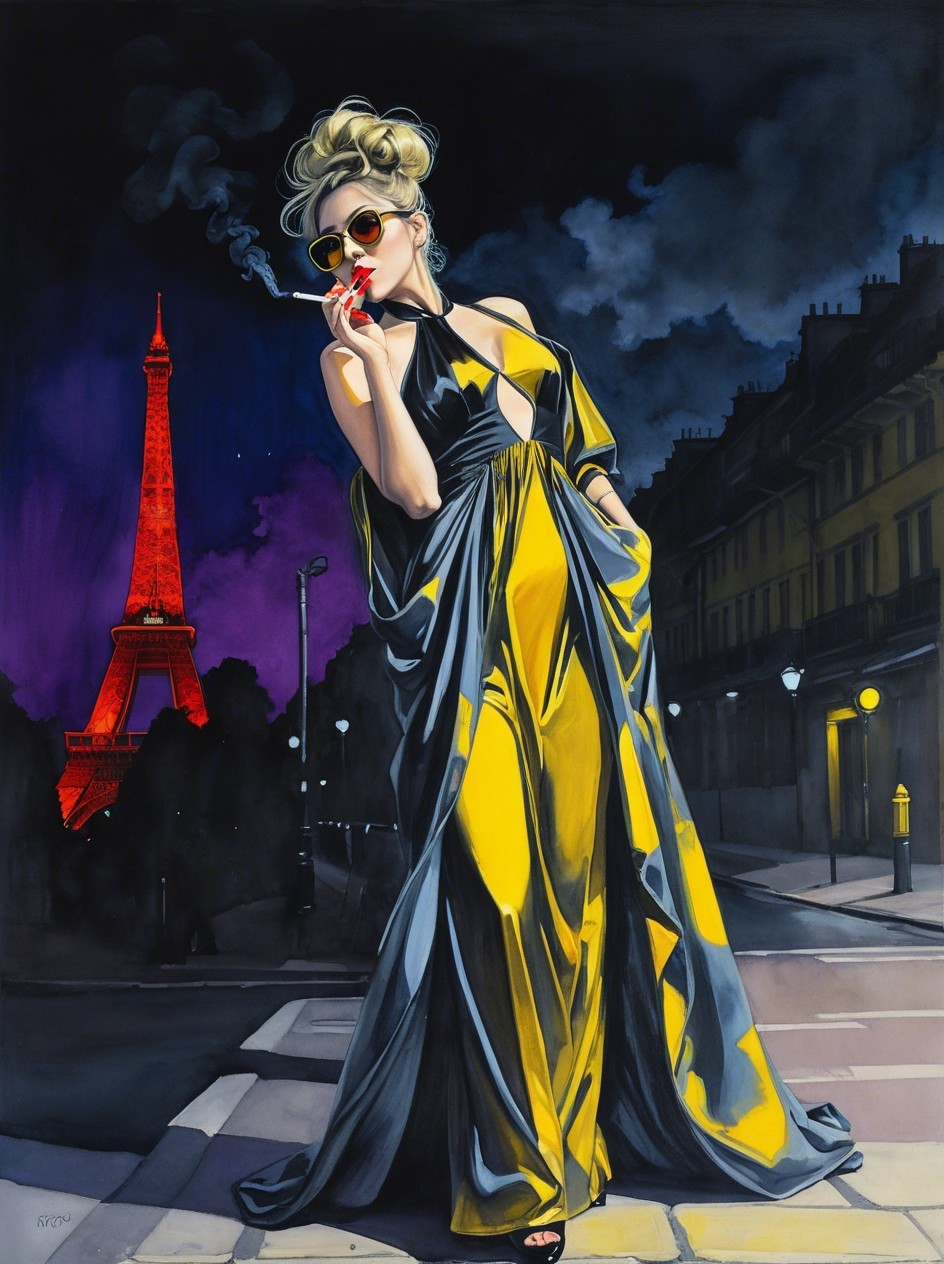 Elegant Woman in Yellow Gown on Paris Street at Night