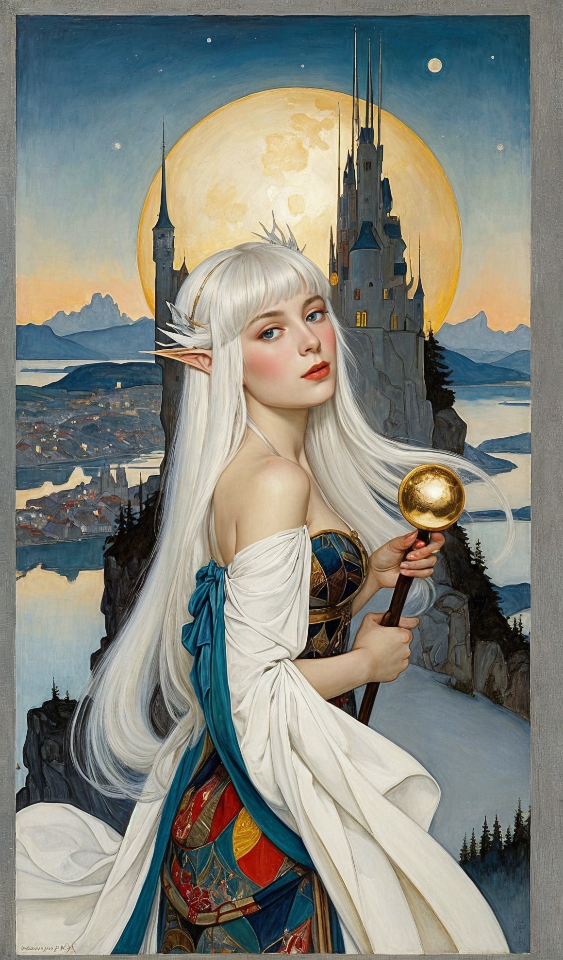 Mystical Elf Maiden Under Moonlight with Castle View