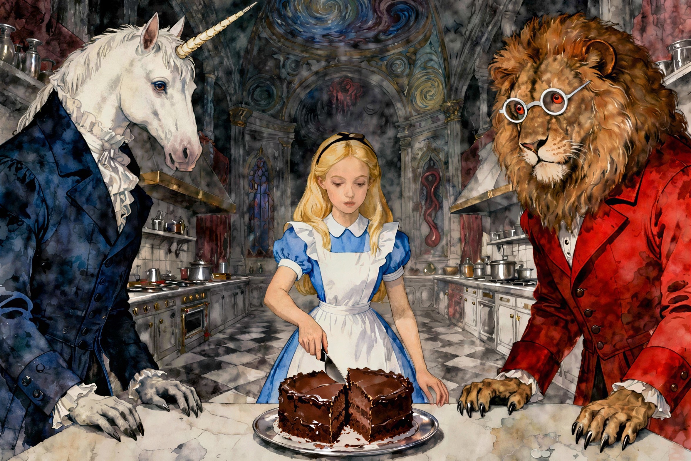 Whimsical Watercolor of Alice in a Fantastical Kitchen