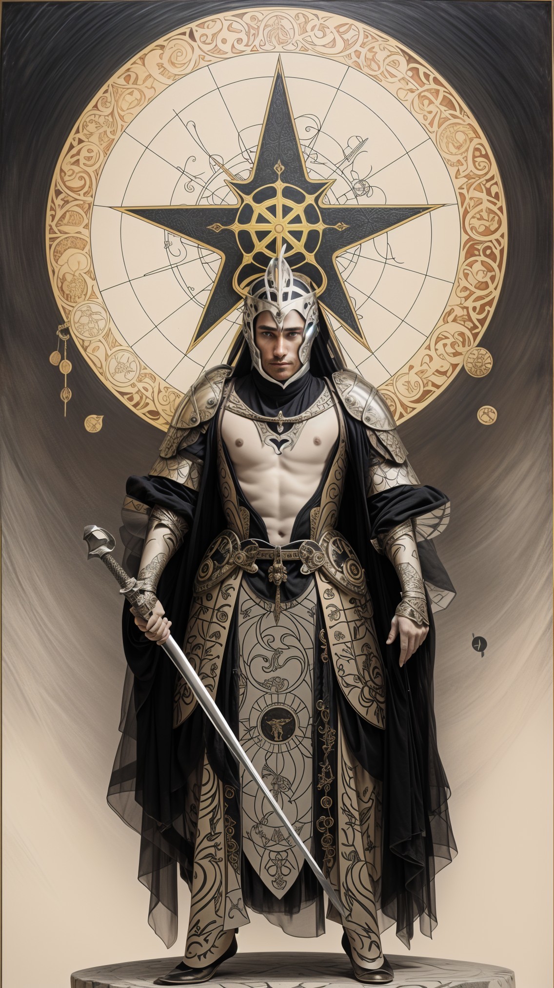 Majestic Figure in Ornate Armor with Sword and Design