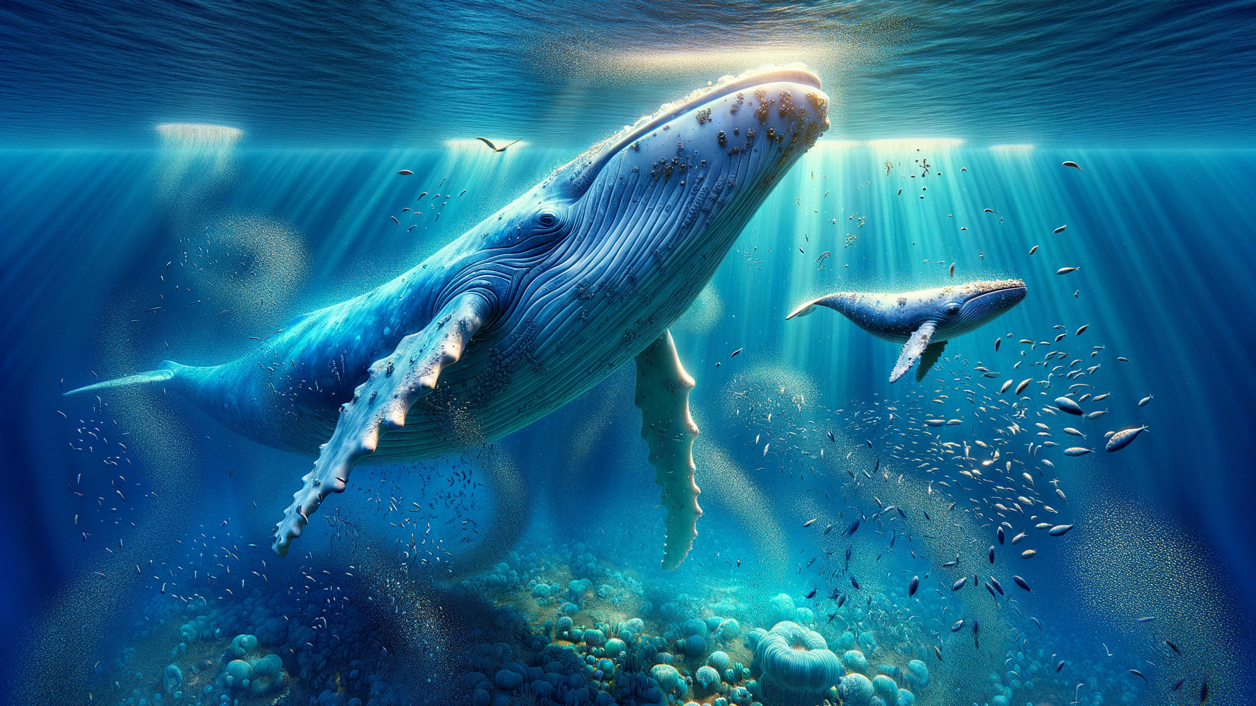 Underwater Scene with Humpback Whale and Calf