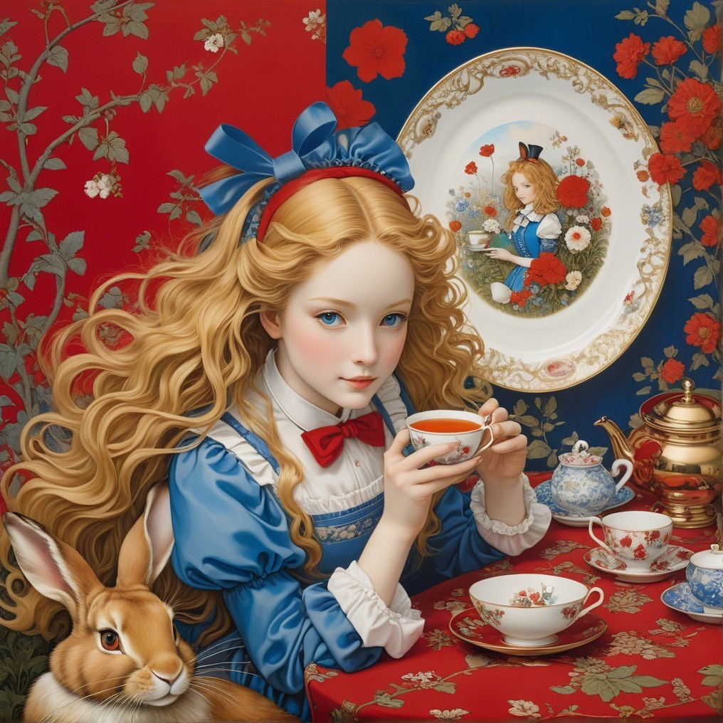 Young Girl at Lavish Tea Table with Rabbit and Flowers