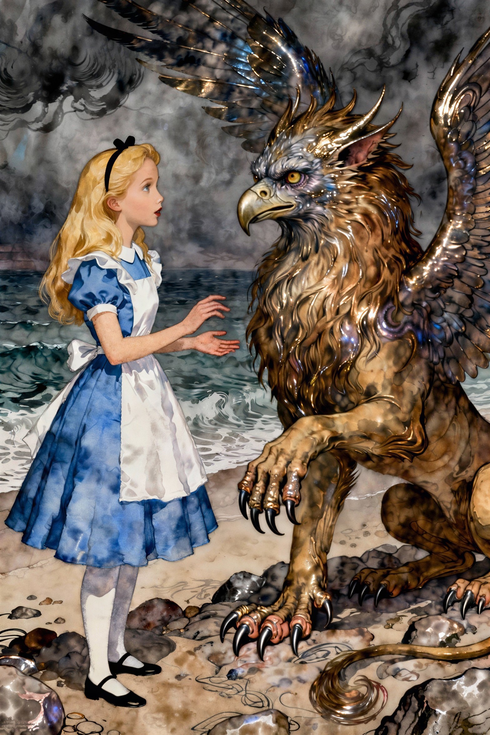 Watercolor Painting of Alice and a Griffin at Beach