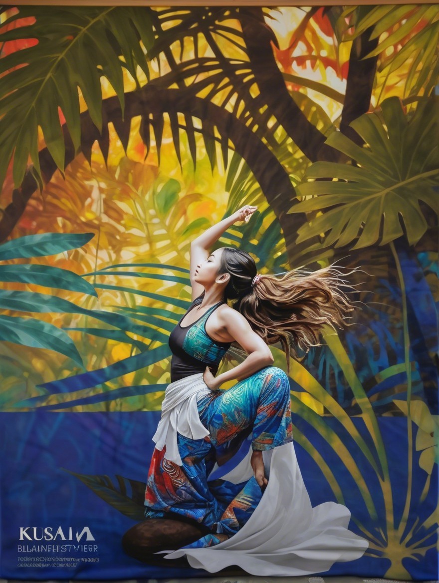 Dancer in Dynamic Pose Against Tropical Backdrop