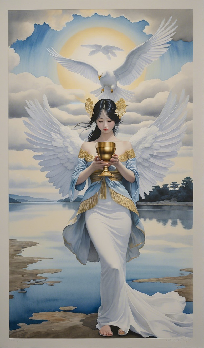 Elegant figure with wings and golden chalice in landscape