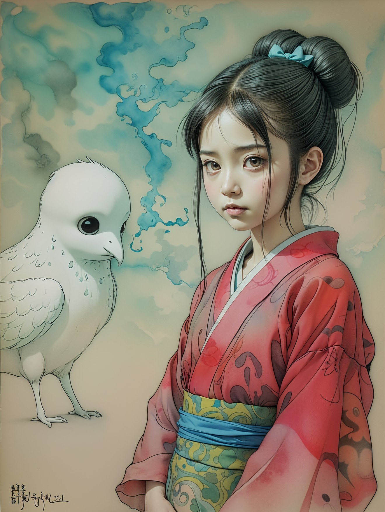 Young girl in vibrant kimono with whimsical bird