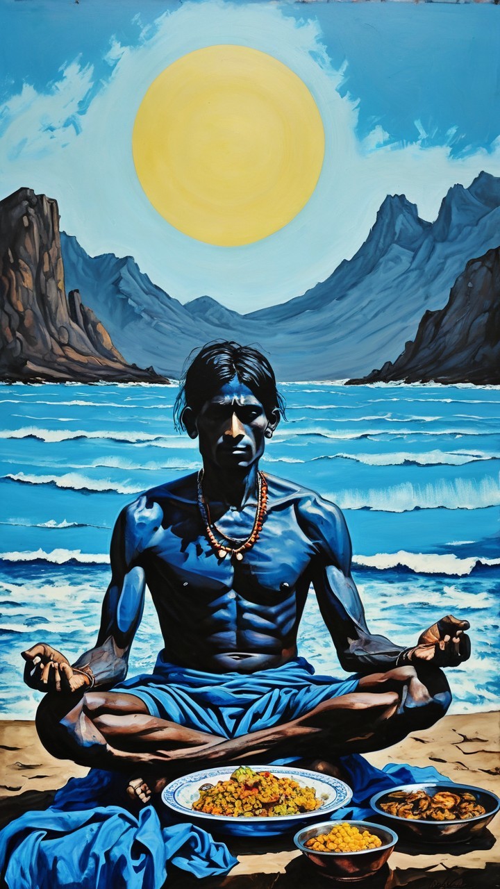 Meditative Figure on Beach with Colorful Food Spread