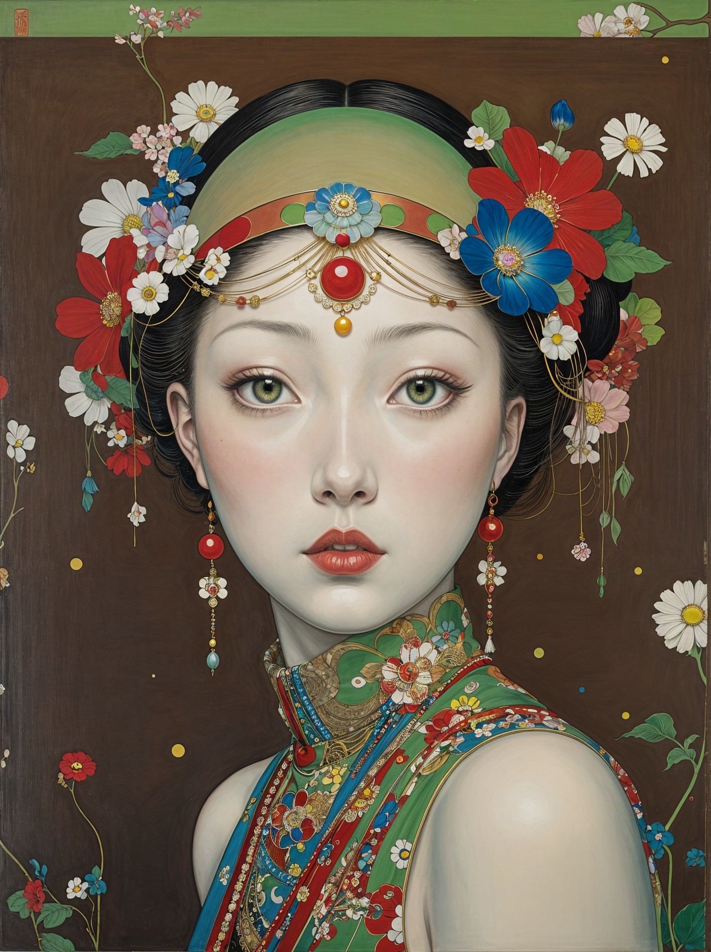 Realistic Woman in Traditional Chinese Dress with Headdress