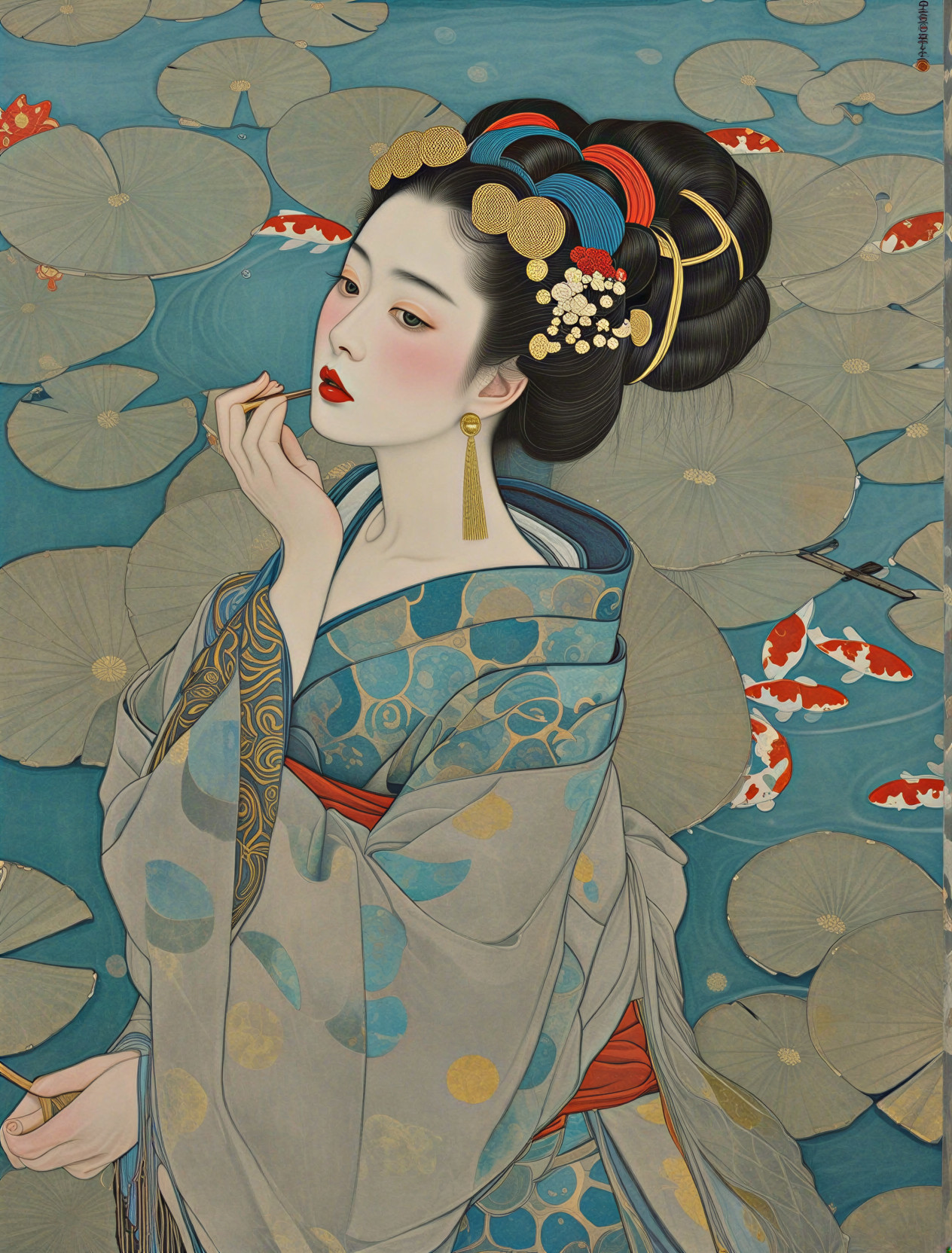 Traditional Kimono Woman Surrounded by Water Lilies