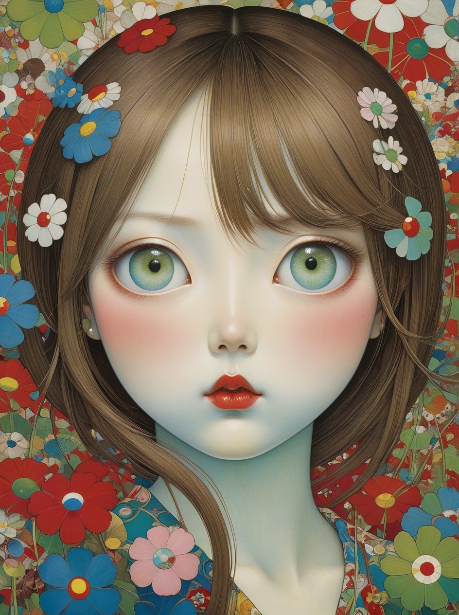 Porcelain art doll with floral background and details
