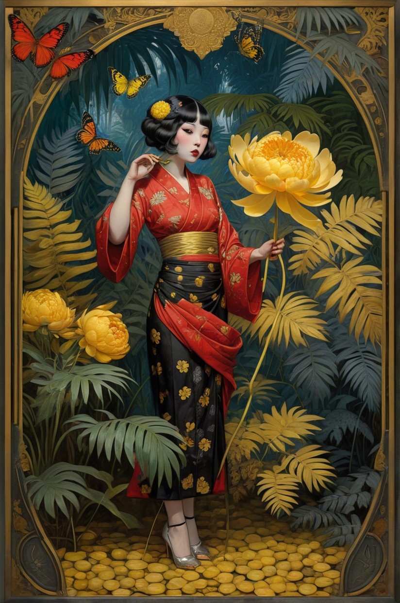 Graceful figure in red kimono among lush foliage