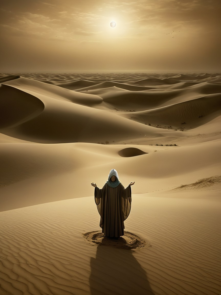 Desert Landscape with Figure and Dunes at Sunset