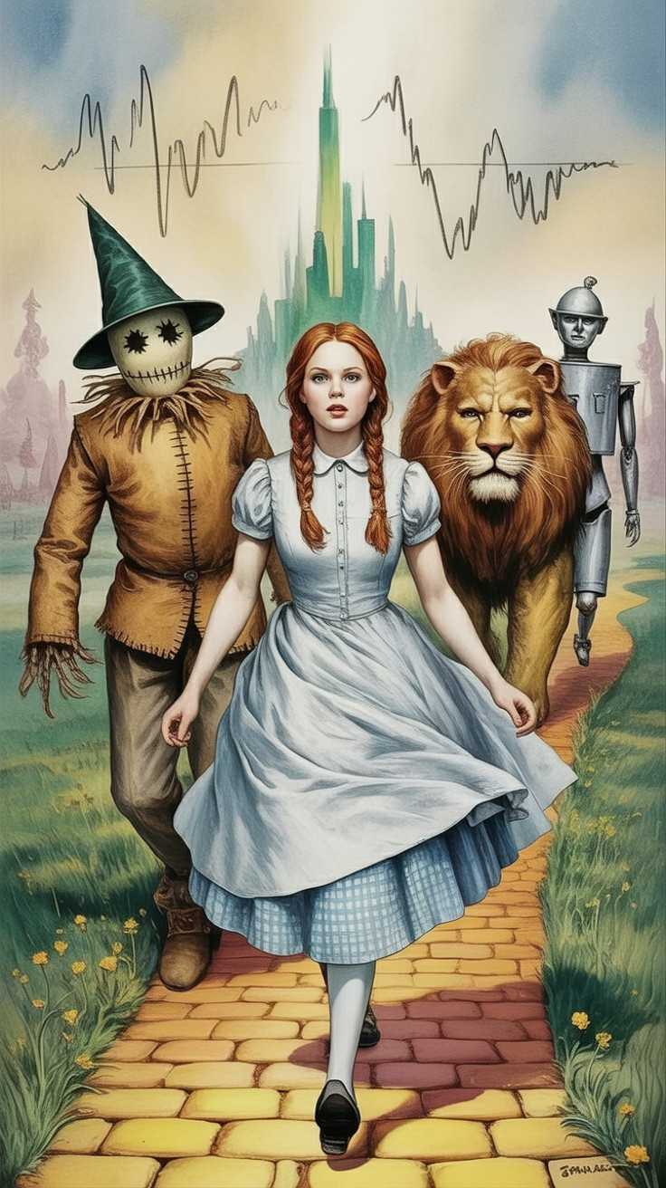 Dorothy and Friends on the Yellow Brick Road Illustration