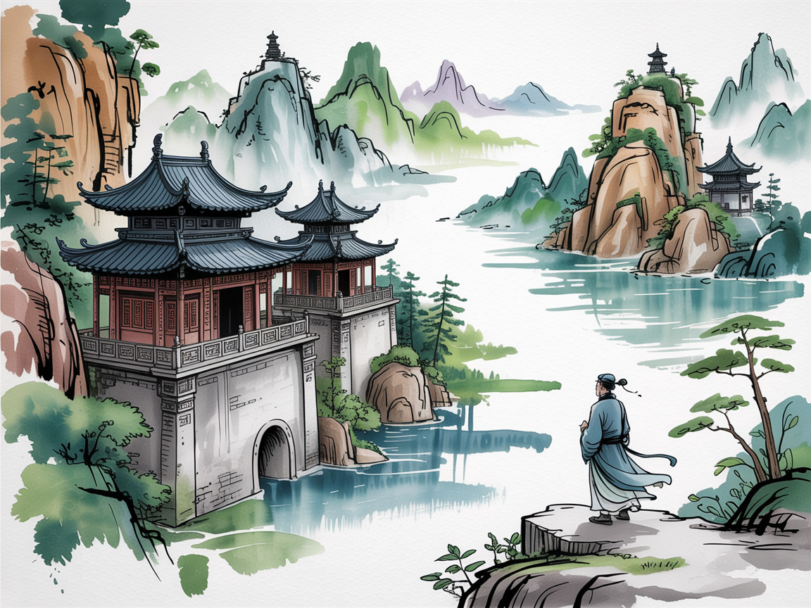 Serene Landscape with Traditional Chinese Architecture
