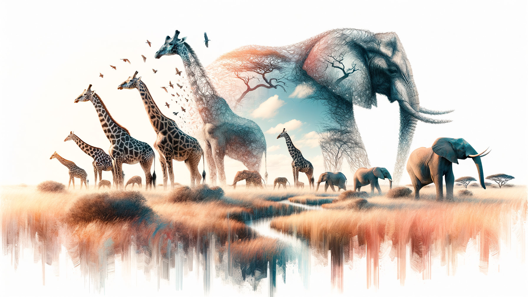Surreal Landscape with Giraffes and Elephants