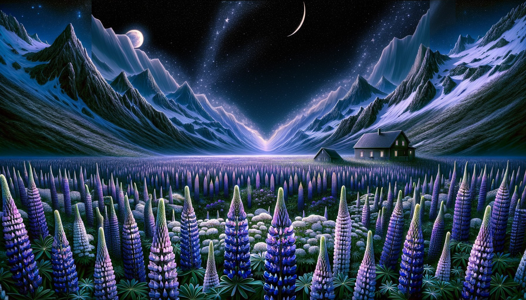 Surreal Night Landscape with Purple Flowers and Cabin