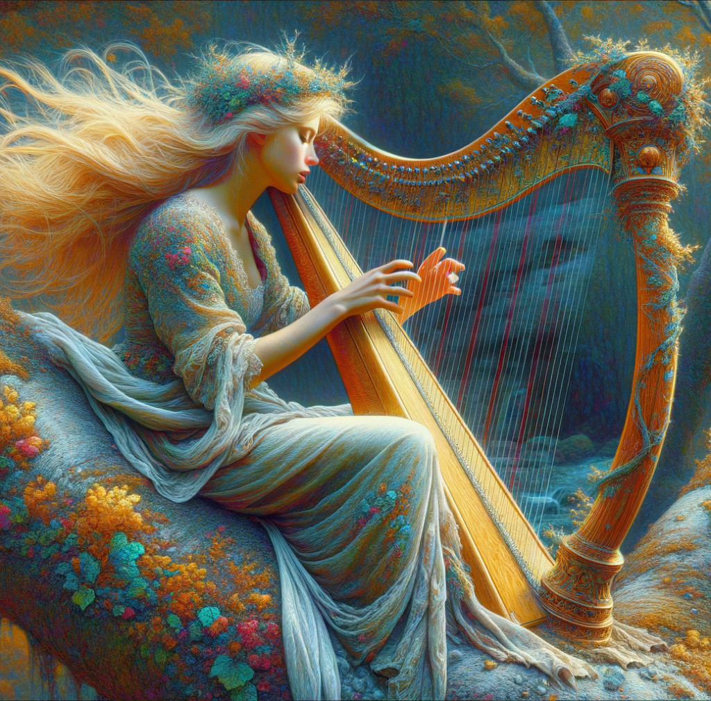 Woman in Vintage Attire Playing Harp in Colorful Forest