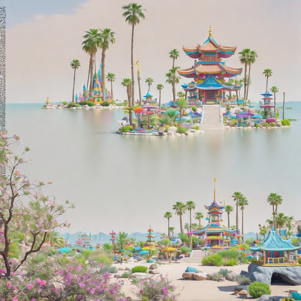 Vibrant Pagodas in a Serene Landscape with Water Reflections