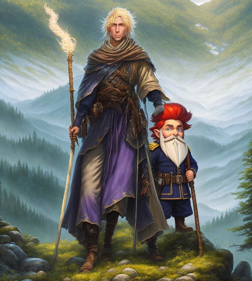 Ethereal mage and gnome on rocky outcrop overlooking landscape