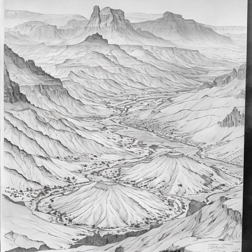 Intricate Landscape with Layered Mountains and Valleys