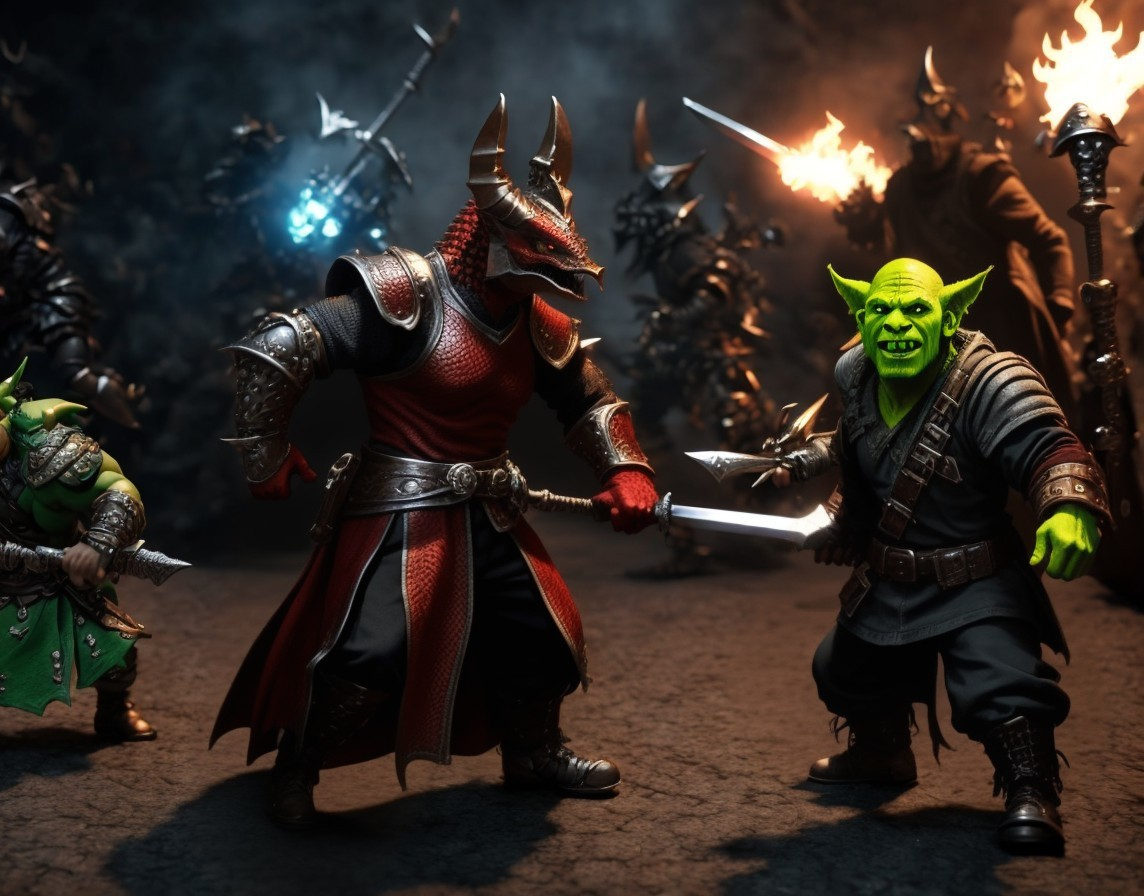 Battle Between Armored Warrior and Green-Skinned Orc
