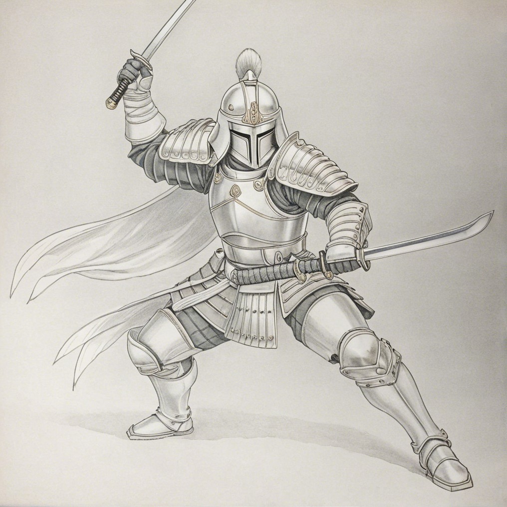 Fierce Warrior in Silver Armor with Two Swords