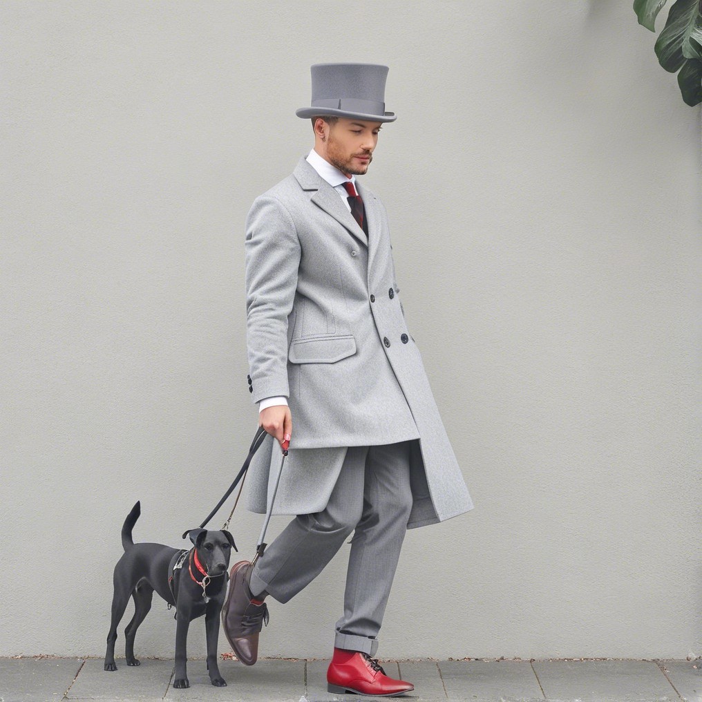 Stylish Man in Grey Coat with Leashed Black Dog