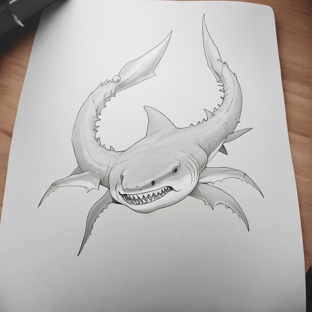 Monochrome Illustration of Shark-Crab Hybrid Creature