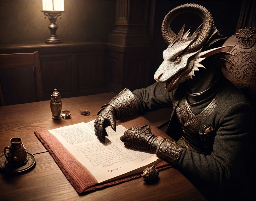 Dragon-headed humanoid at ornate wooden table