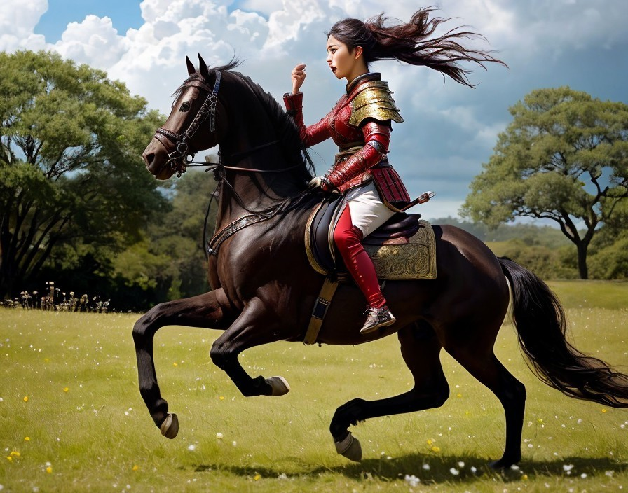 Young Warrior Woman on Black Horse in Green Field