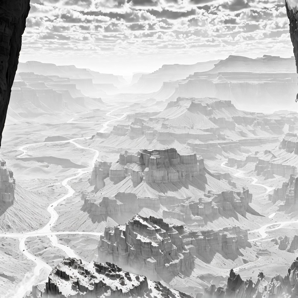 Black-and-White Landscape of Canyon and Rivers
