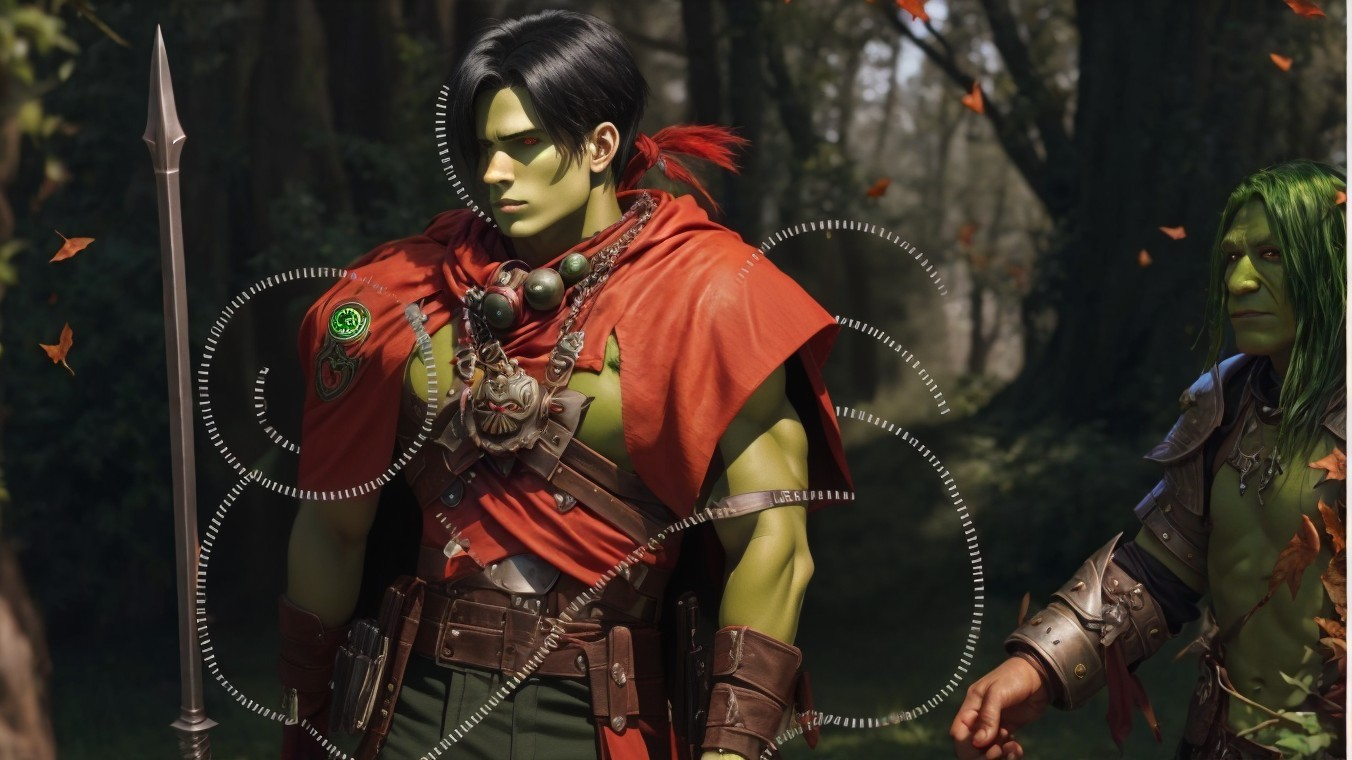 Muscular Figure in Red Cloak in Mystical Forest Scene