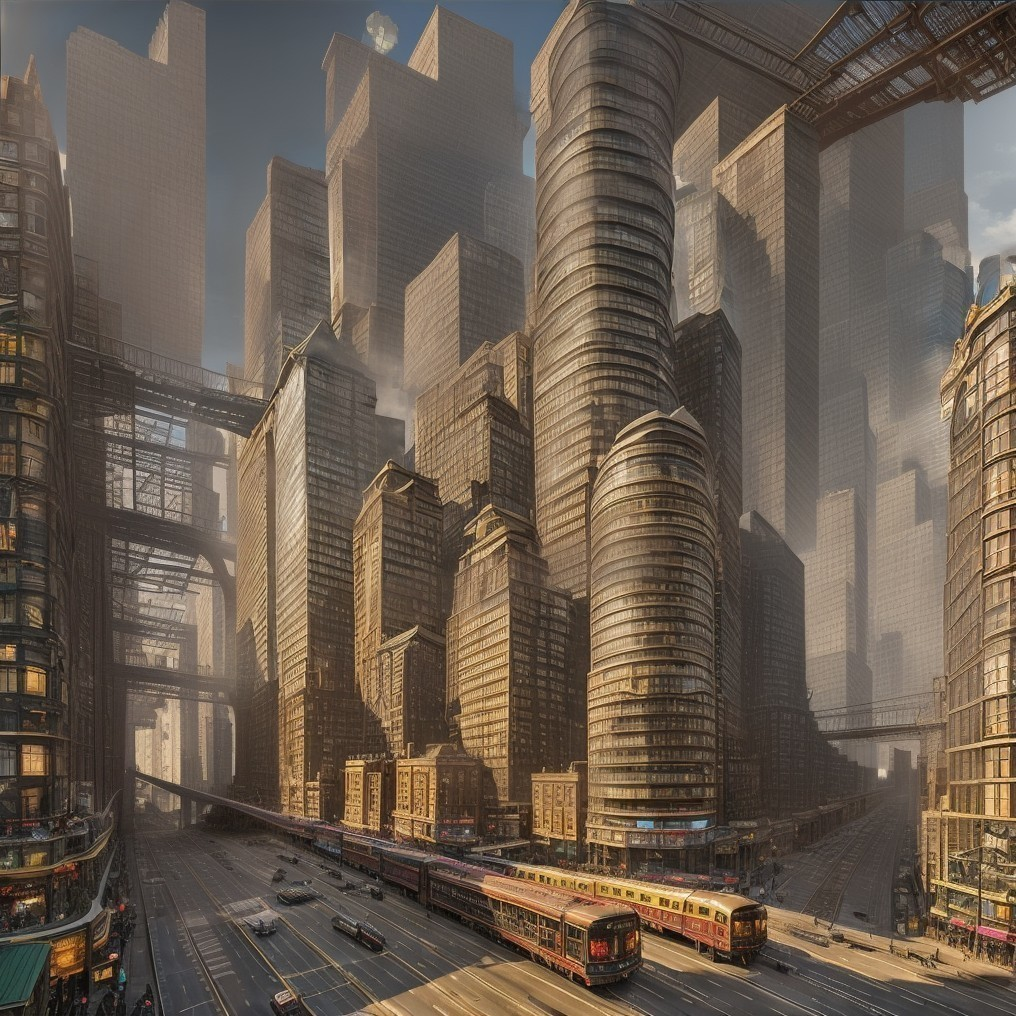 Futuristic Metropolis with Skyscrapers and Vintage Trams