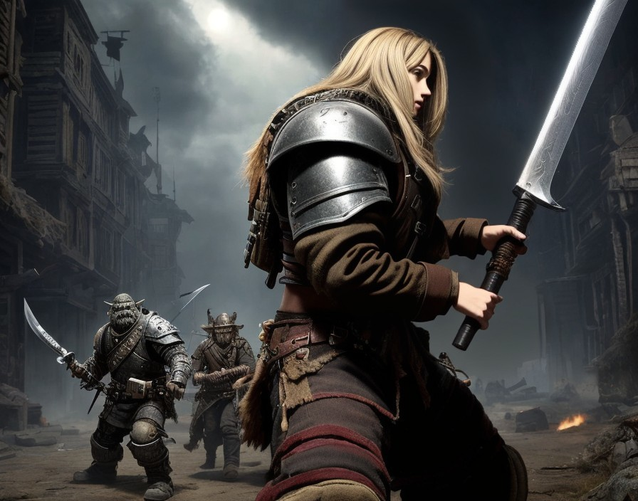 Warrior Woman in Gritty Battle-Ready Scene