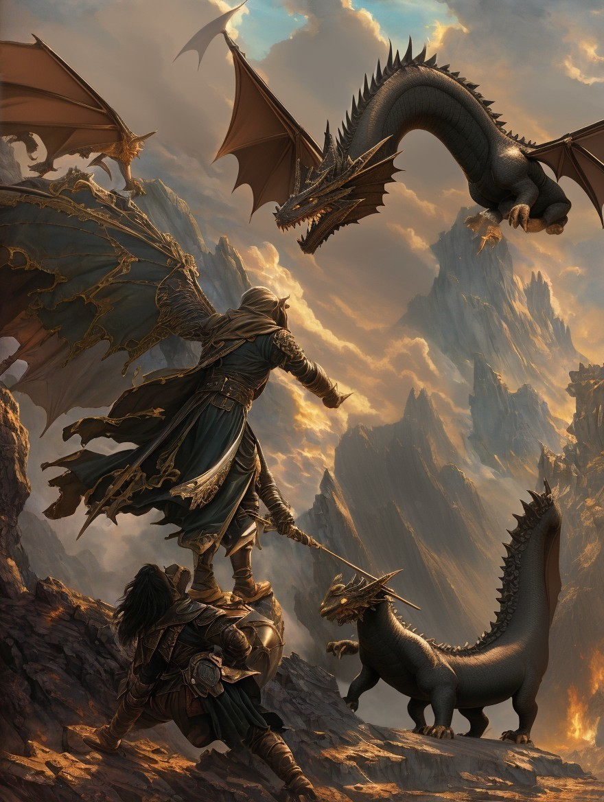 Cloaked Warrior Commands Dragons in Mountain Scene