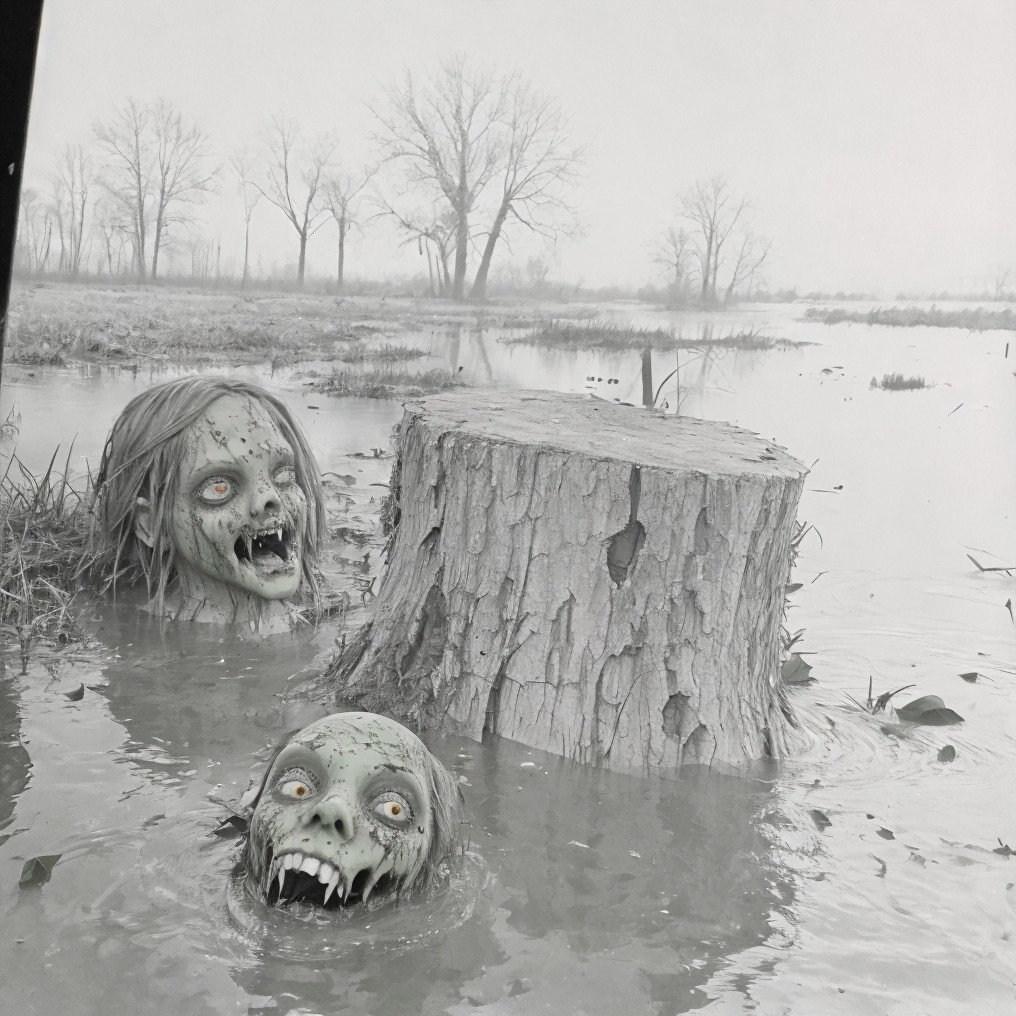 Eerie Zombie Heads in Foggy Landscape with Stump