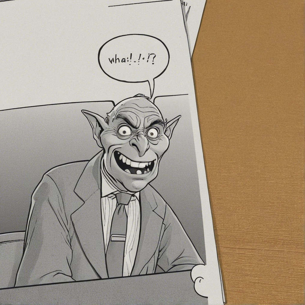 Cartoon Goblin Character in Formal Suit at Desk