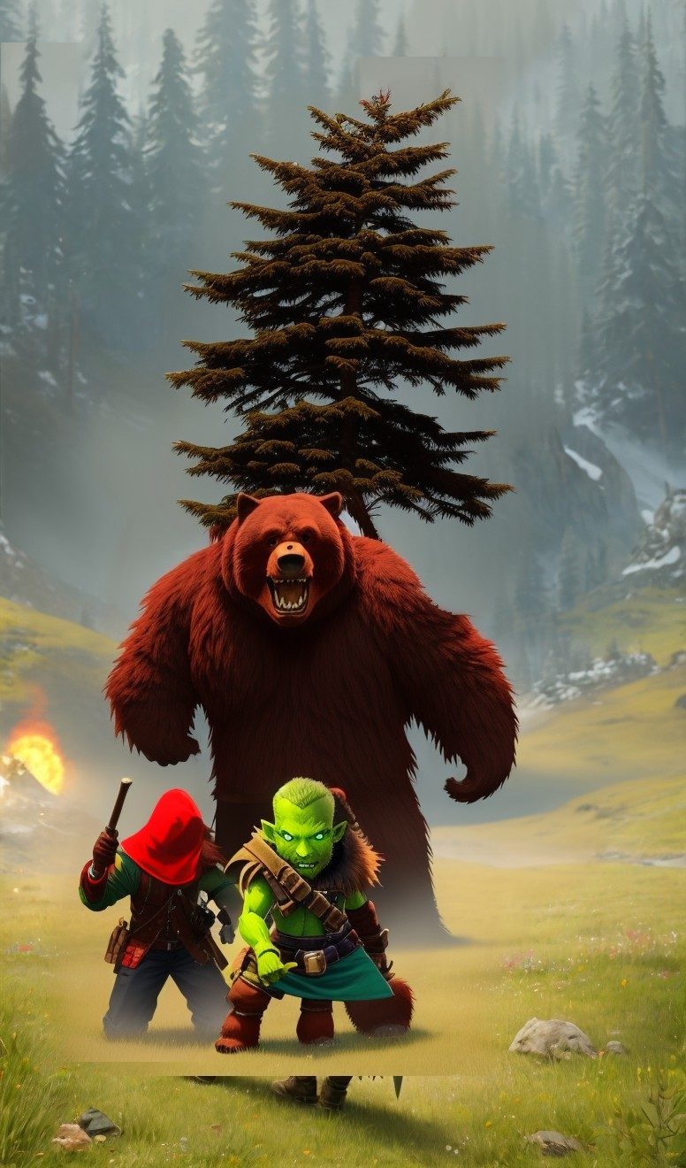 Red Bear and Goblin in a Fantasy Landscape Scene
