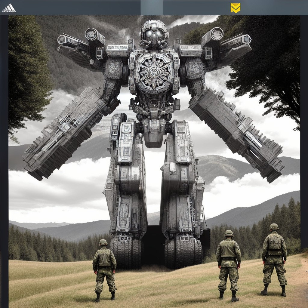 Futuristic robot looms over soldiers in mountainous landscape