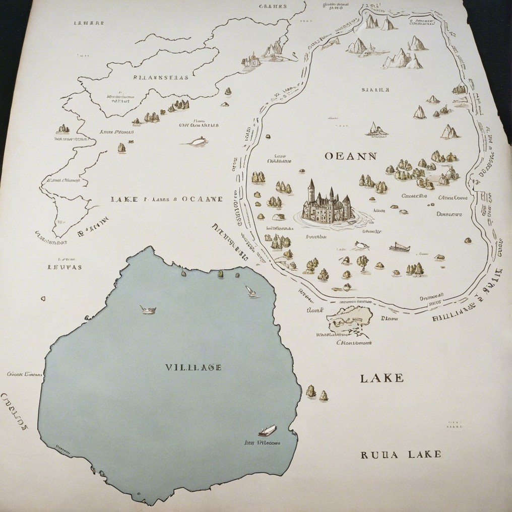 Illustrated Map with Lakes, Villages, and Hills