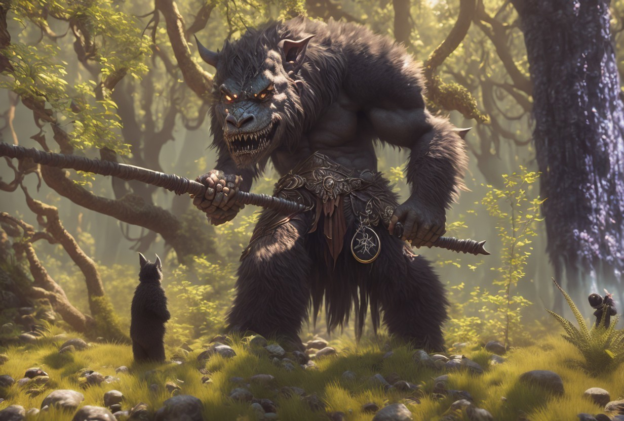 Muscular Creature with Staff in Mystical Forest