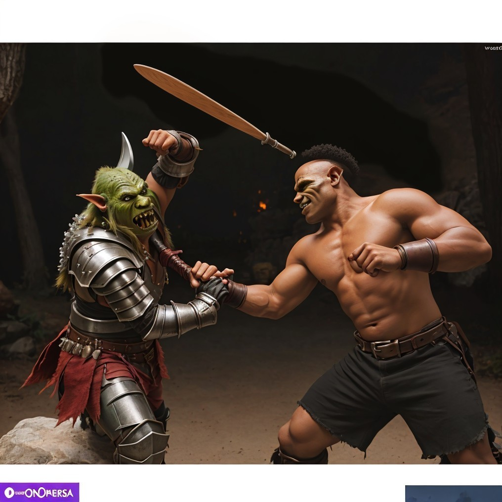Warrior and Orc Battle in Dimly Lit Forest Setting