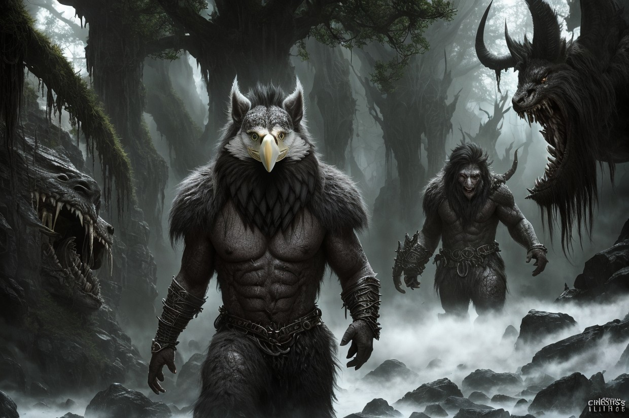 Mythical Creatures in a Misty Forest Setting