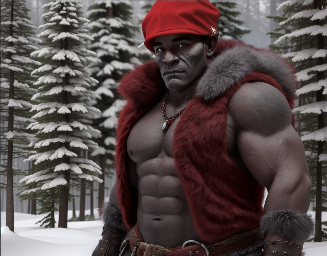 Muscular Figure in Red Cap in Snowy Forest Setting