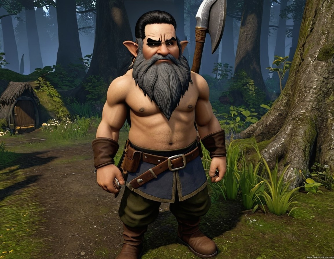 Muscular Shirtless Dwarf in Forest with Axe