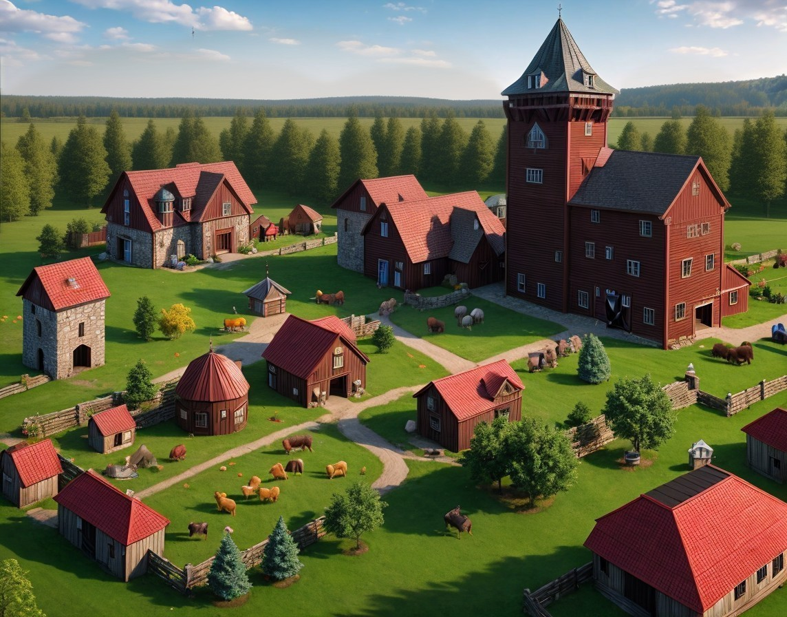 Vibrant Rural Farm Scene with Livestock and Buildings